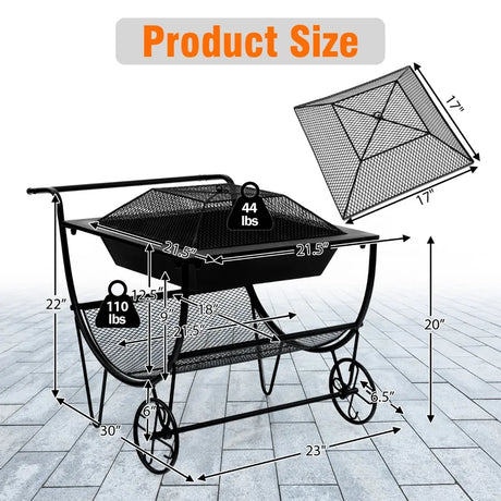 Outdoor Wood Burning Fire Pit with Log Storage Rack and Wheels