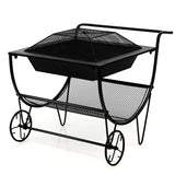 Outdoor Wood Burning Fire Pit with Log Storage Rack and Wheels