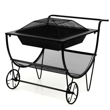 Outdoor Wood Burning Fire Pit with Log Storage Rack and Wheels
