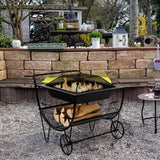 Outdoor Wood Burning Fire Pit with Log Storage Rack and Wheels