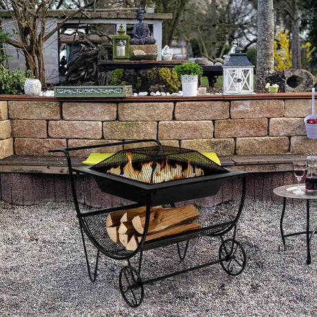 Outdoor Wood Burning Fire Pit with Log Storage Rack and Wheels