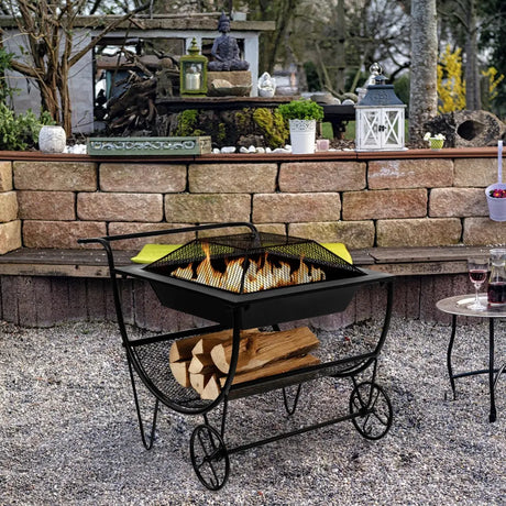Outdoor Wood Burning Fire Pit with Log Storage Rack and Wheels