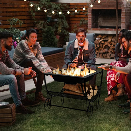 Outdoor Wood Burning Fire Pit with Log Storage Rack and Wheels