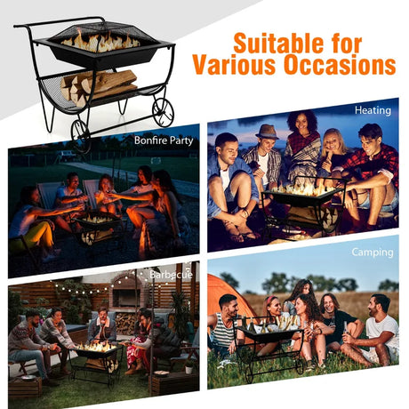 Outdoor Wood Burning Fire Pit with Log Storage Rack and Wheels