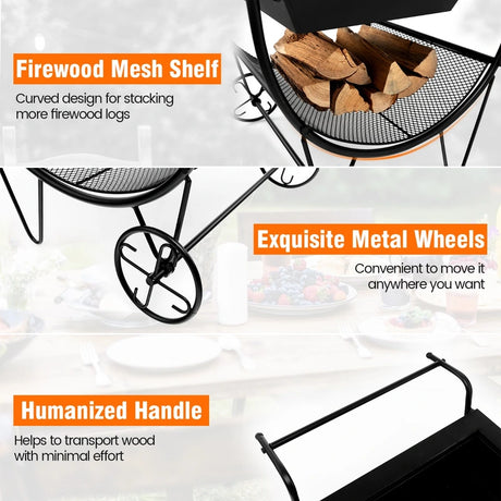 Outdoor Wood Burning Fire Pit with Log Storage Rack and Wheels