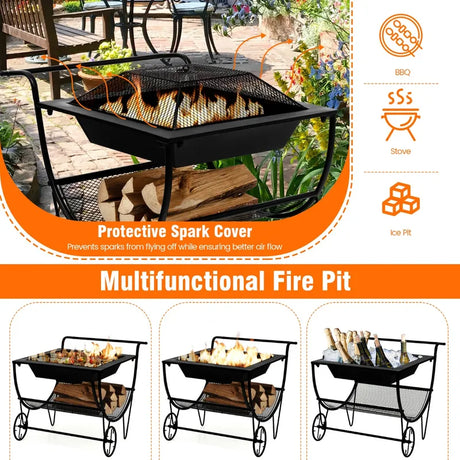 Outdoor Wood Burning Fire Pit with Log Storage Rack and Wheels