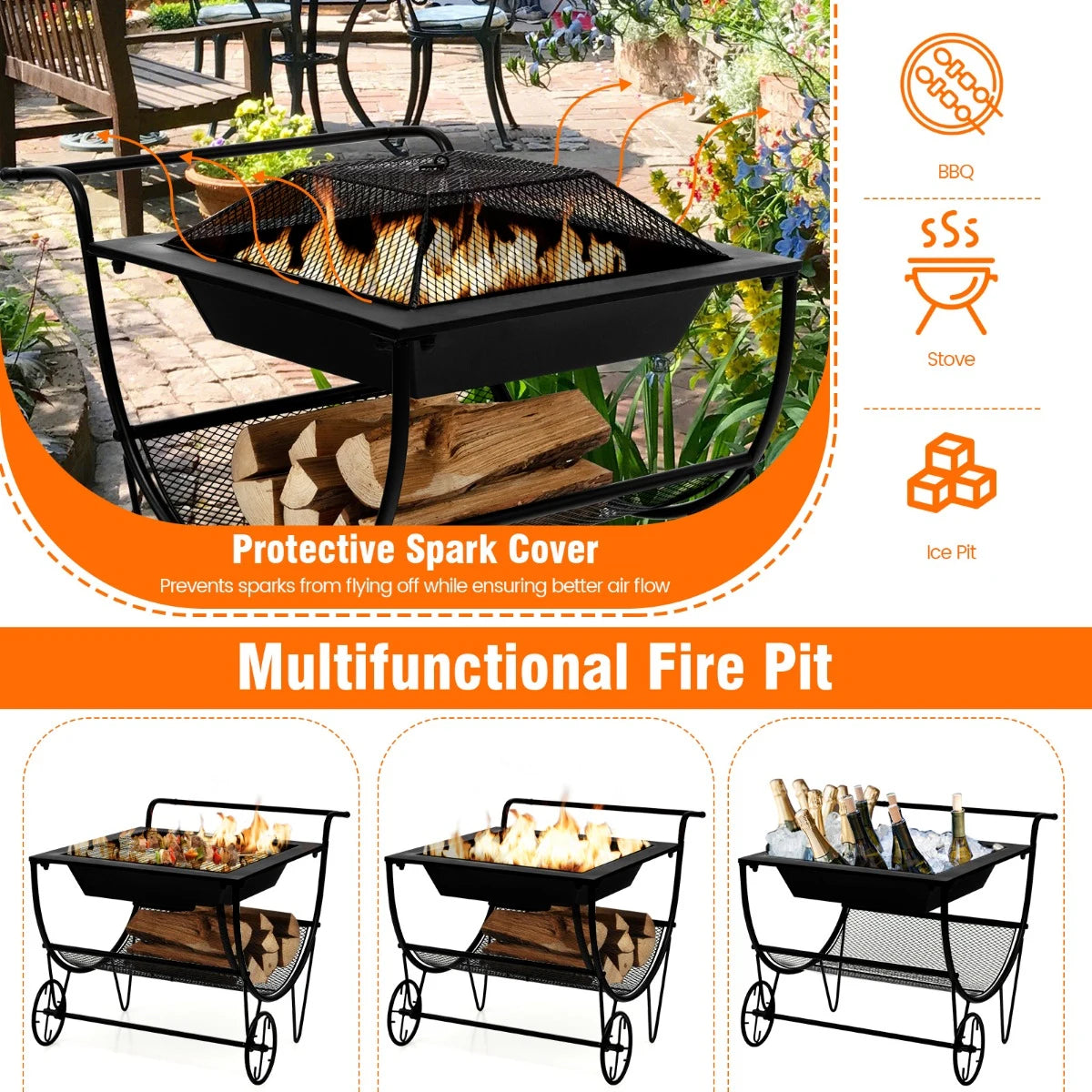 Outdoor Wood Burning Fire Pit with Log Storage Rack and Wheels