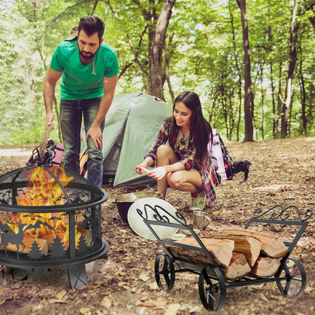 Firewood Rack Decorative Rustproof Steel Fireplace Log Holder with Wheels