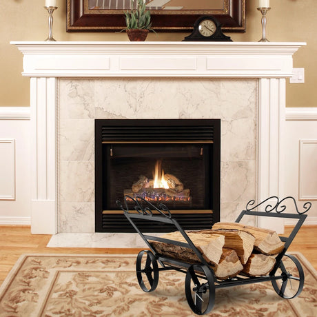 Firewood Rack Decorative Rustproof Steel Fireplace Log Holder with Wheels