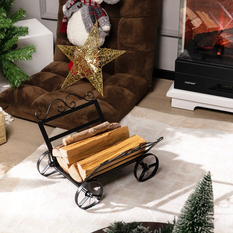 Firewood Rack Decorative Rustproof Steel Fireplace Log Holder with Wheels