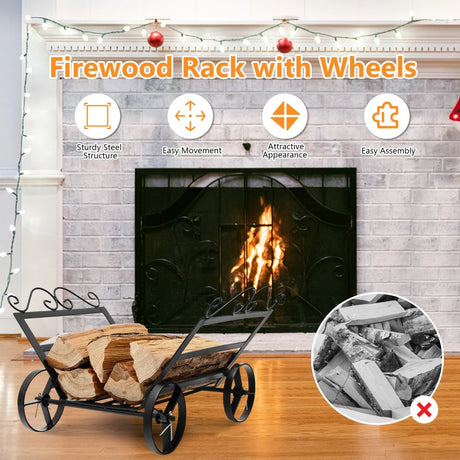 Firewood Rack Decorative Rustproof Steel Fireplace Log Holder with Wheels