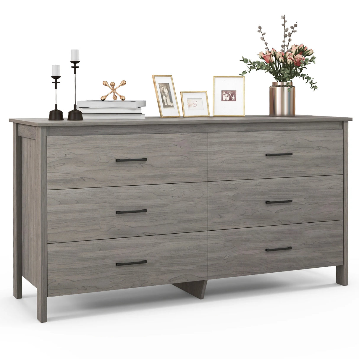 6-Drawer Wide Dresser Chest with Center Support and Anti-tip Kit-Gray