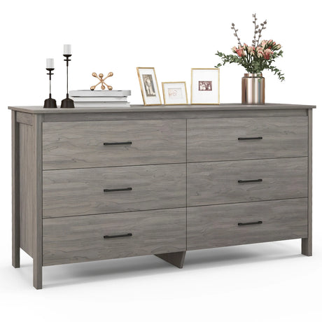 6-Drawer Wide Dresser Chest with Center Support and Anti-tip Kit-Gray