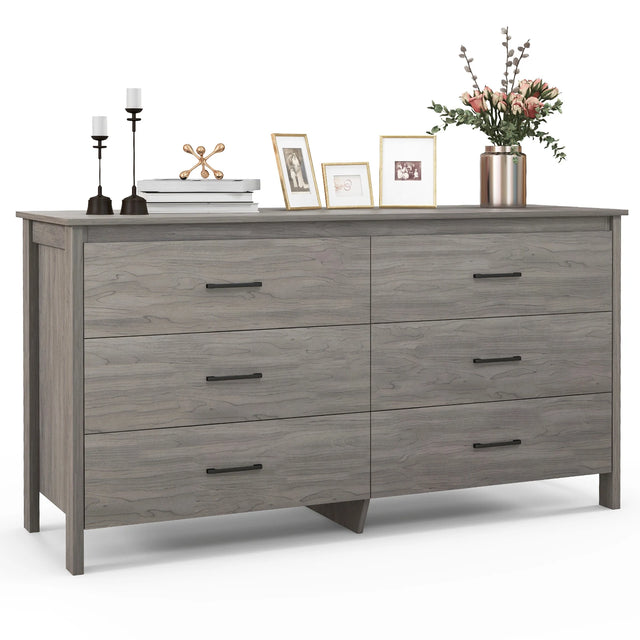 6-Drawer Wide Dresser Chest with Center Support and Anti-tip Kit-Gray