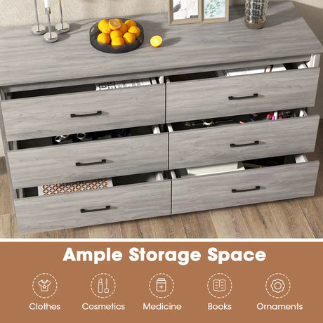 6-Drawer Wide Dresser Chest with Center Support and Anti-tip Kit-Gray