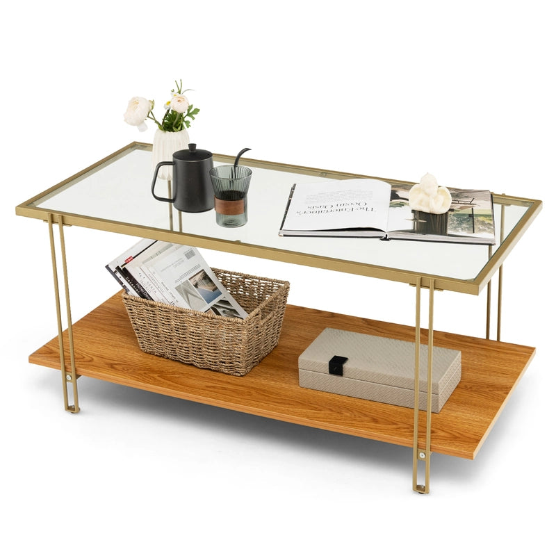 2 Tier Rectangular Coffee Table with Gold Steel Frame and Storage Shelf for Living Room