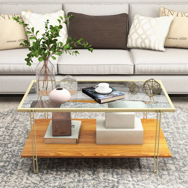 2 Tier Rectangular Coffee Table with Gold Steel Frame and Storage Shelf for Living Room