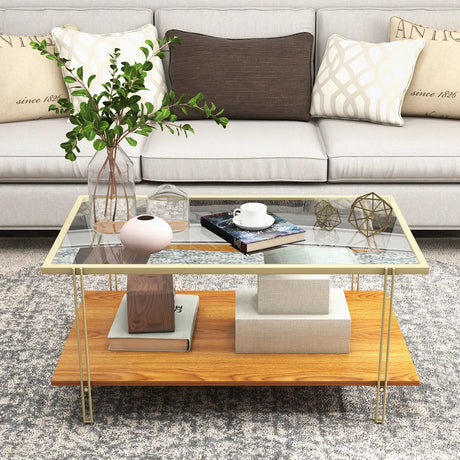 2 Tier Rectangular Coffee Table with Gold Steel Frame and Storage Shelf for Living Room