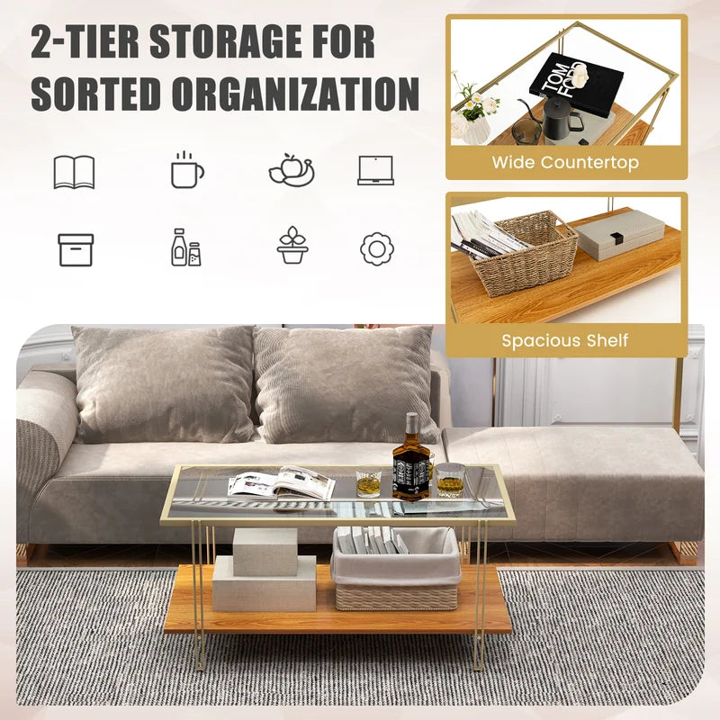 2 Tier Rectangular Coffee Table with Gold Steel Frame and Storage Shelf for Living Room