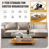 2 Tier Rectangular Coffee Table with Gold Steel Frame and Storage Shelf for Living Room