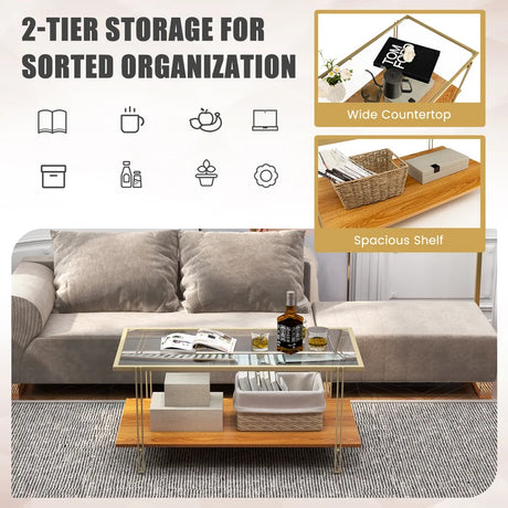 2 Tier Rectangular Coffee Table with Gold Steel Frame and Storage Shelf for Living Room