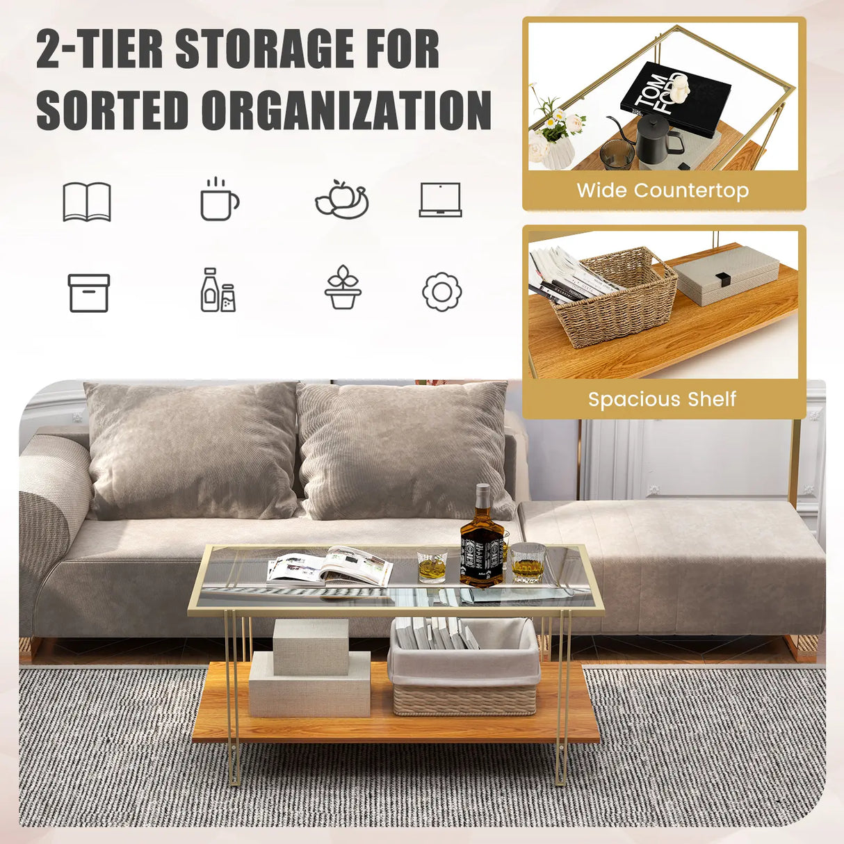 2 Tier Rectangular Coffee Table with Gold Steel Frame and Storage Shelf for Living Room