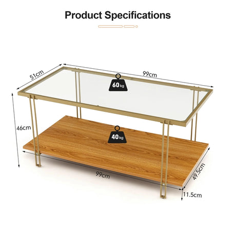 2 Tier Rectangular Coffee Table with Gold Steel Frame and Storage Shelf for Living Room