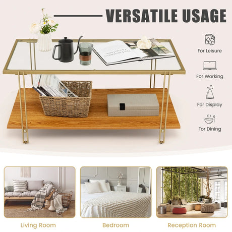 2 Tier Rectangular Coffee Table with Gold Steel Frame and Storage Shelf for Living Room