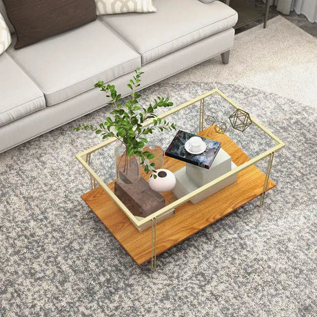 2 Tier Rectangular Coffee Table with Gold Steel Frame and Storage Shelf for Living Room