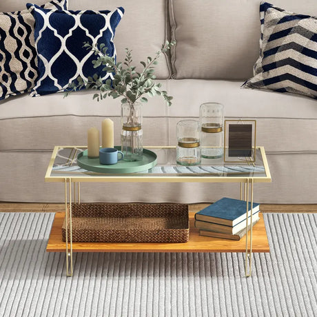 2 Tier Rectangular Coffee Table with Gold Steel Frame and Storage Shelf for Living Room