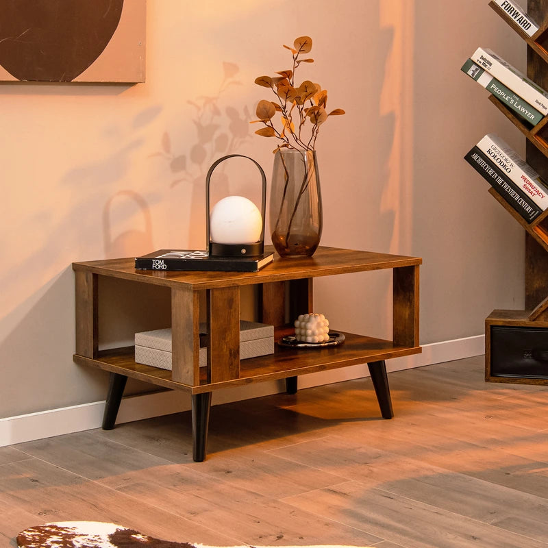 2-Tier Wooden Center Table with Open Storage Shelf for Living Room