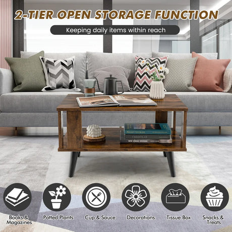 2-Tier Wooden Center Table with Open Storage Shelf for Living Room