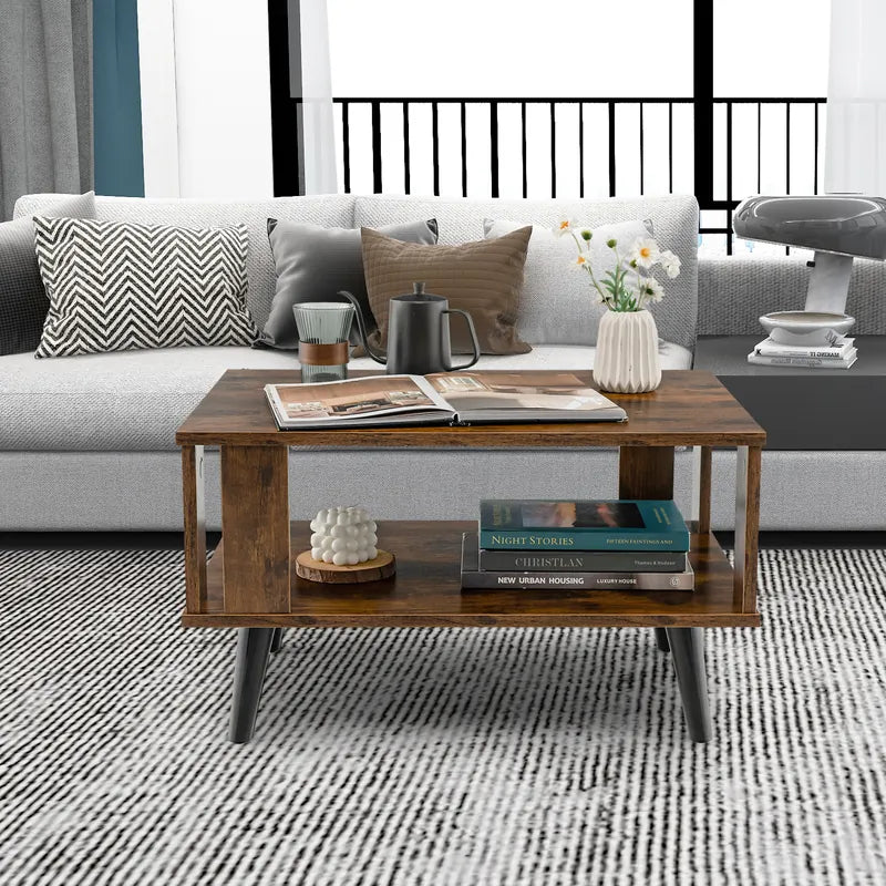 2-Tier Wooden Center Table with Open Storage Shelf for Living Room