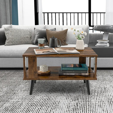 2-Tier Wooden Center Table with Open Storage Shelf for Living Room