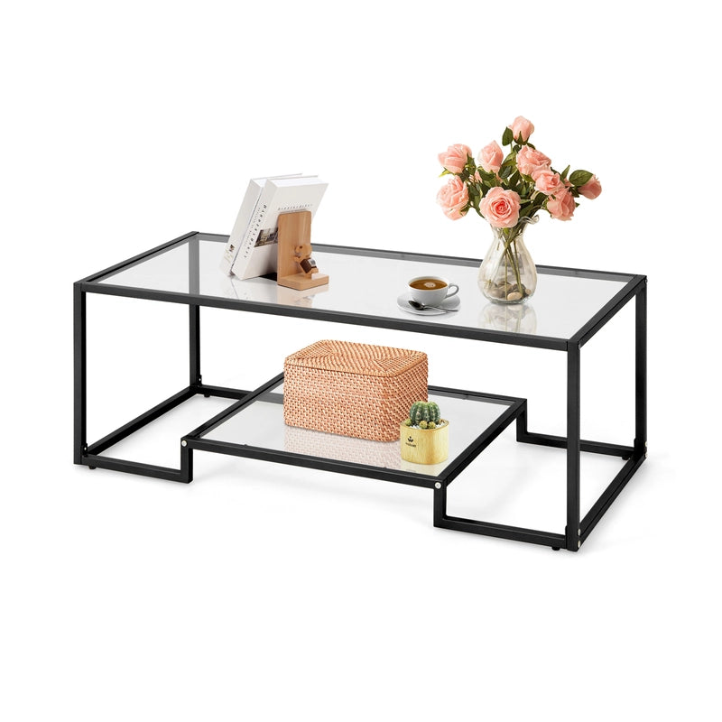 Modern Rectangular Coffee Table with Glass Table Top-Black