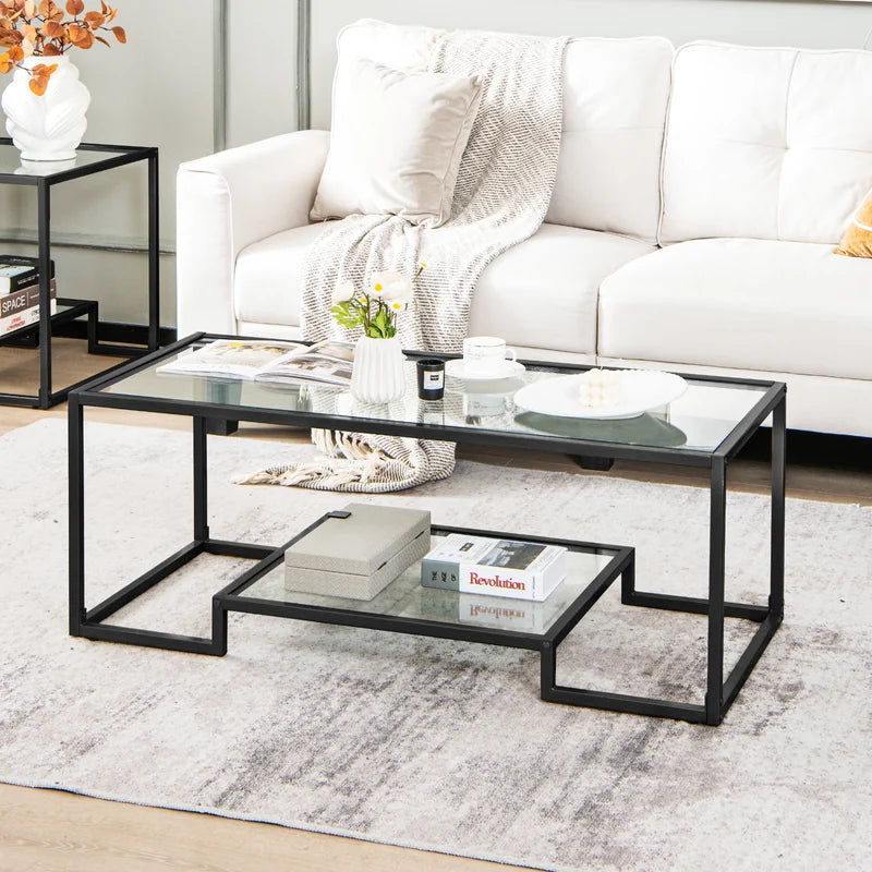 Modern Rectangular Coffee Table with Glass Table Top-Black