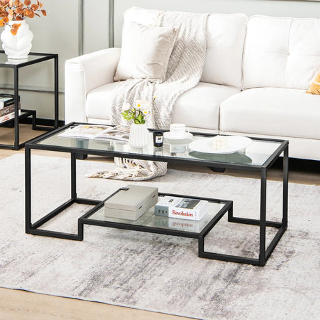 Modern Rectangular Coffee Table with Glass Table Top-Black