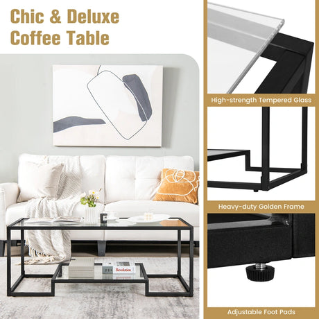 Modern Rectangular Coffee Table with Glass Table Top-Black