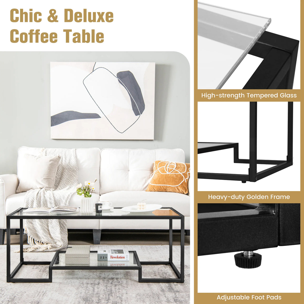 Modern Rectangular Coffee Table with Glass Table Top-Black