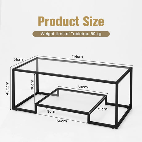 Modern Rectangular Coffee Table with Glass Table Top-Black
