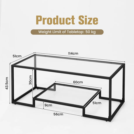 Modern Rectangular Coffee Table with Glass Table Top-Black