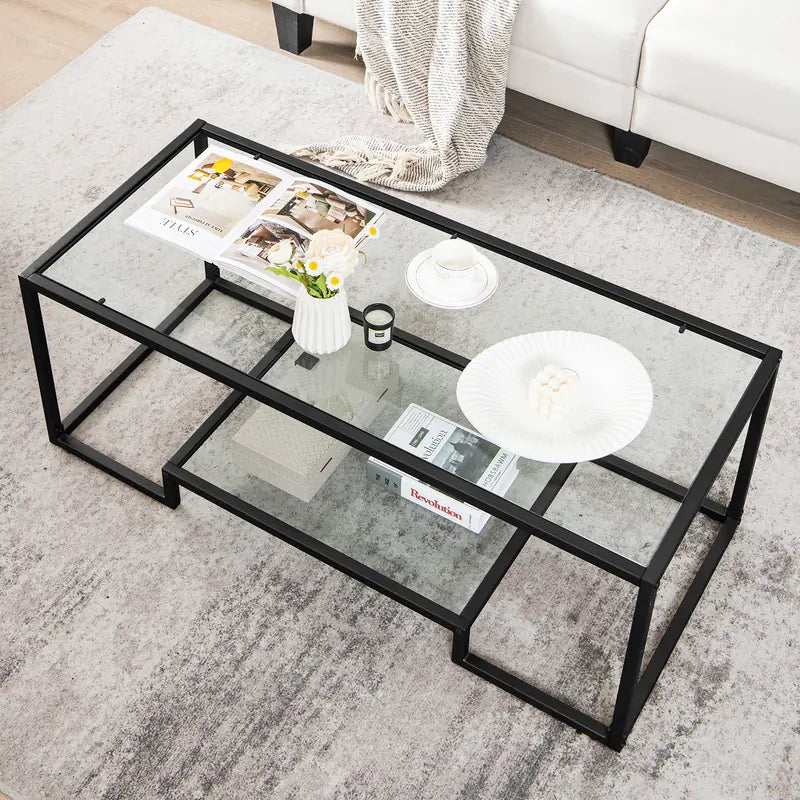 Modern Rectangular Coffee Table with Glass Table Top-Black