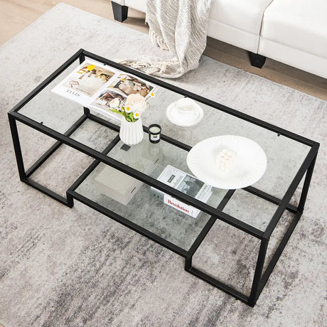 Modern Rectangular Coffee Table with Glass Table Top-Black