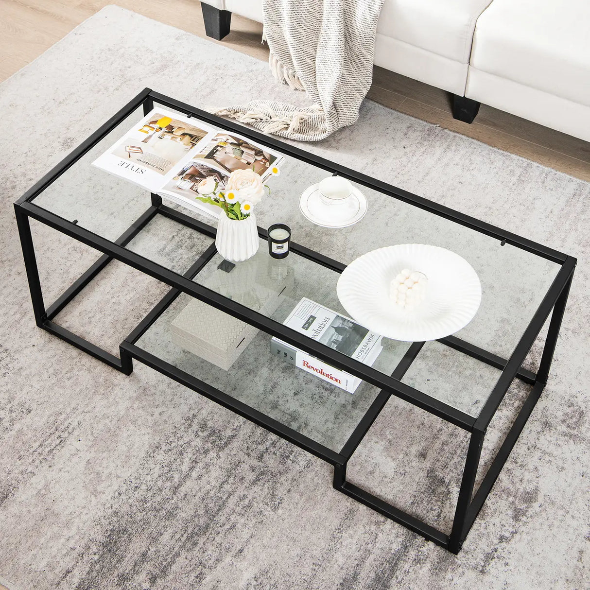 Modern Rectangular Coffee Table with Glass Table Top-Black