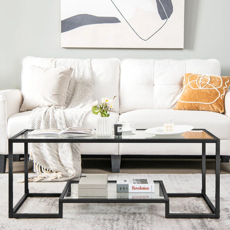 Modern Rectangular Coffee Table with Glass Table Top-Black