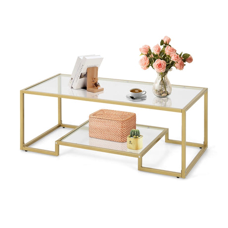 Modern 2-Tier Rectangular Coffee Table with Glass Table Top-Golden
