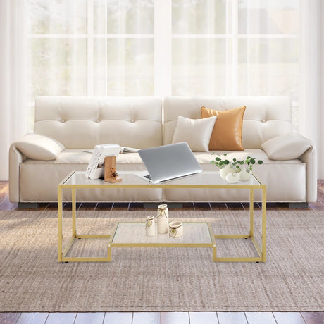 Modern 2-Tier Rectangular Coffee Table with Glass Table Top-Golden