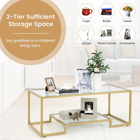 Modern 2-Tier Rectangular Coffee Table with Glass Table Top-Golden