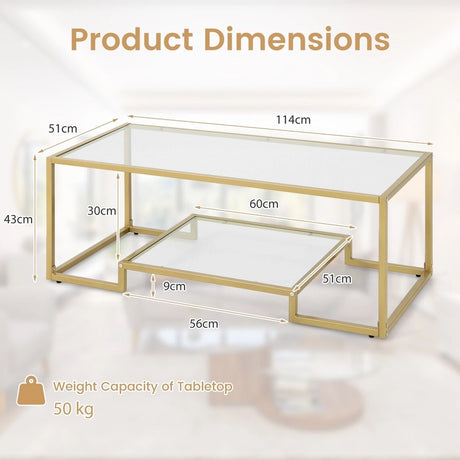 Modern 2-Tier Rectangular Coffee Table with Glass Table Top-Golden