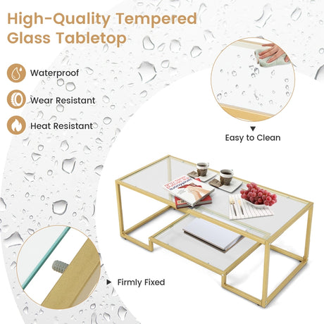 Modern 2-Tier Rectangular Coffee Table with Glass Table Top-Golden
